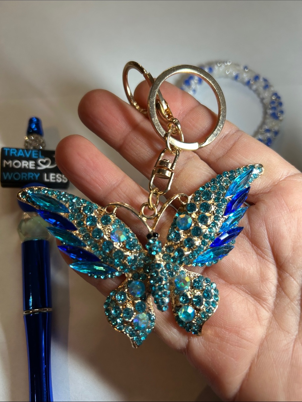 4 Piece Set Blue Crystal Butterfly Keychain with Accessories - Picture 9 of 12